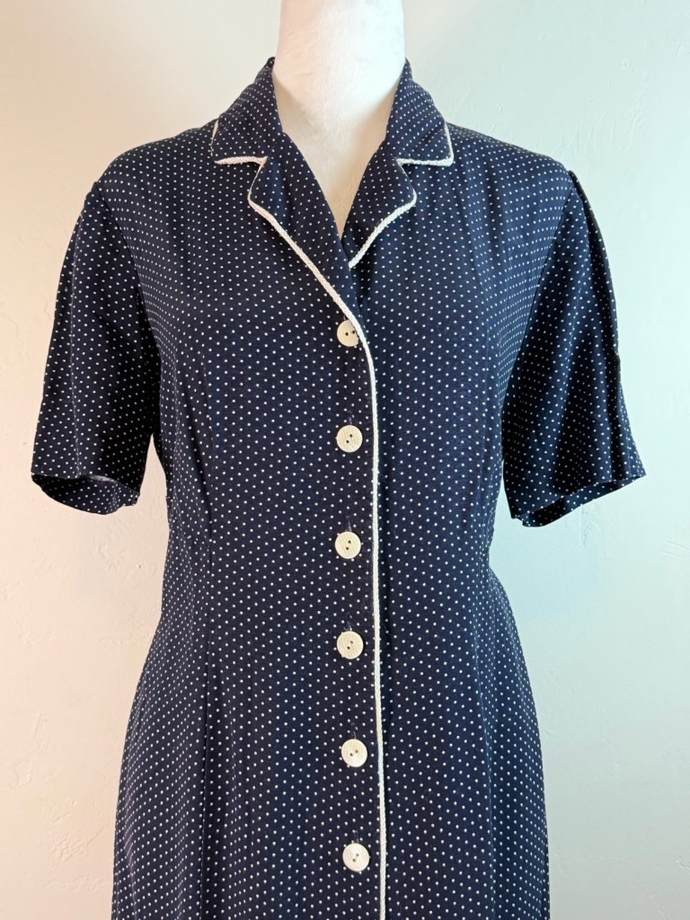 Vintage 1950’s Navy Polka Dot Button-Front Shirtwaist Midi Length Dress Medium - Picture 2 of 7